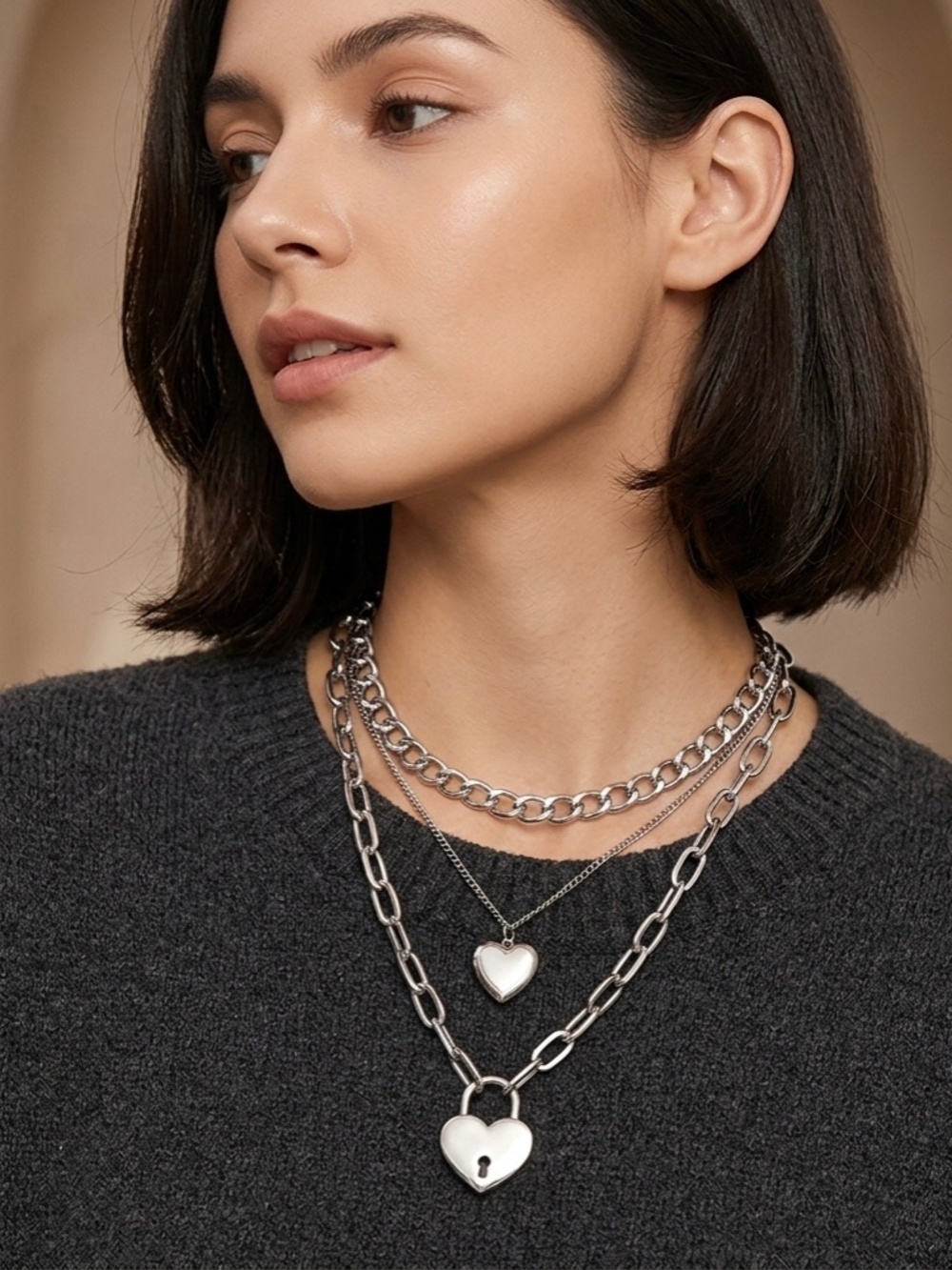Silver Triple-Layered Heart & Padlock Charm Necklace